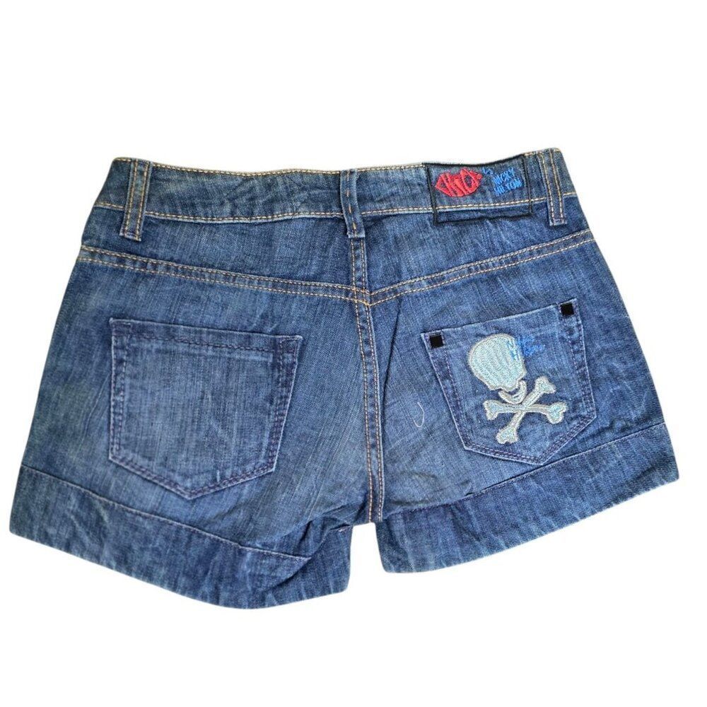 Chick Nicky Hilton Skull Distressed Denim Shorts Womens Size 26 Blue